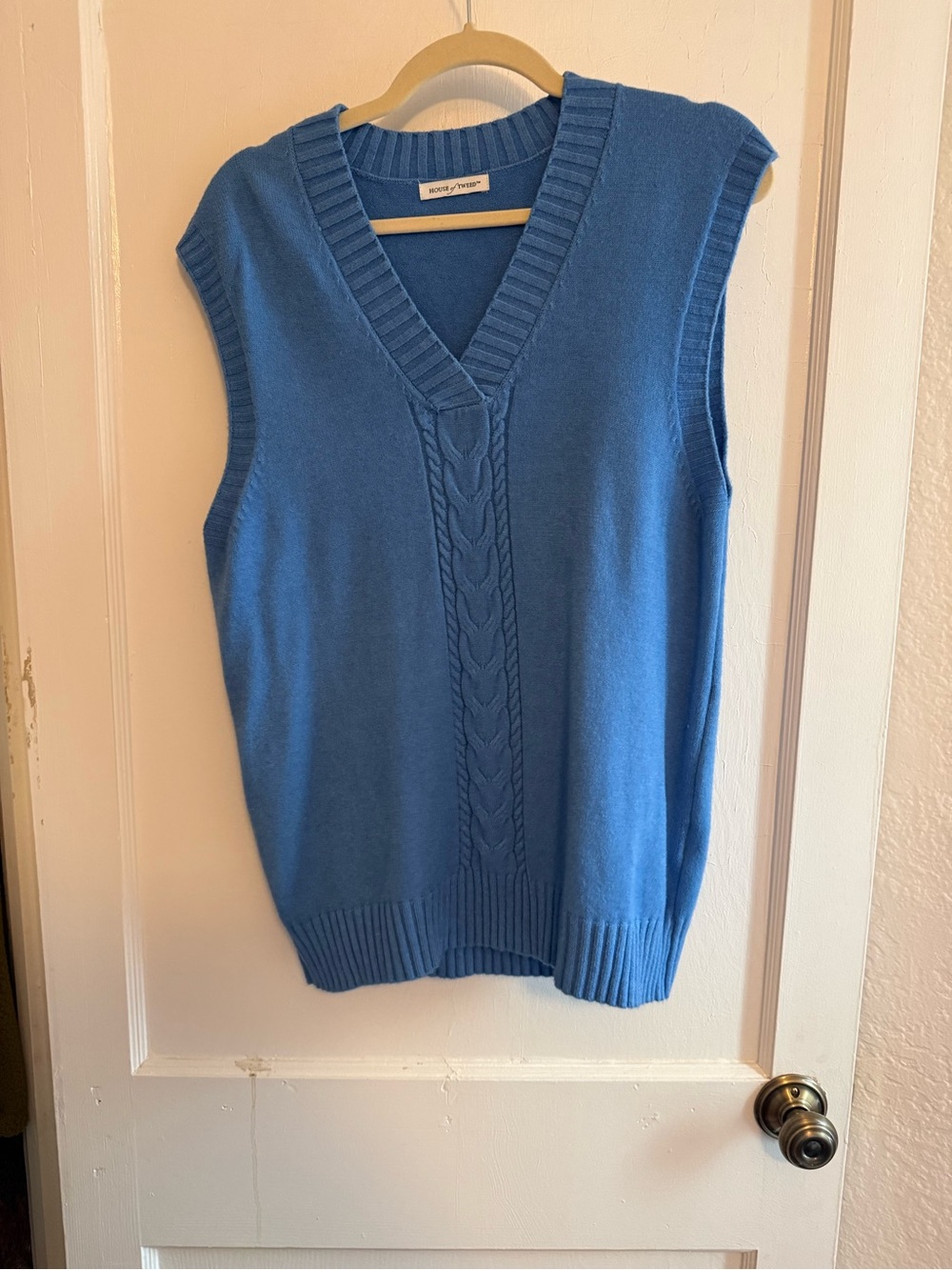 House of Tweed Sleeveless Knit Sweater Vest Blue V-Neck Preppy